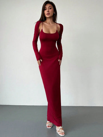 Aloruh Sexy Low-Cut Fitted Bodycon Long Christmas Dress, Warming And Versatile, New For Autumn/Winter