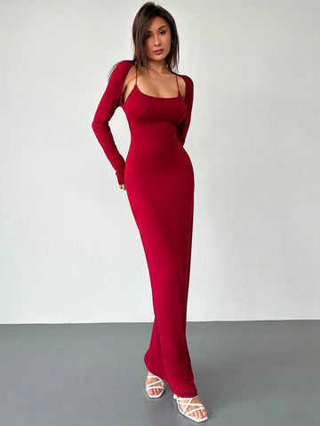 Aloruh Sexy Low-Cut Fitted Bodycon Long Christmas Dress, Warming And Versatile, New For Autumn/Winter