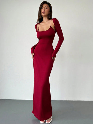Aloruh Sexy Low-Cut Fitted Bodycon Long Christmas Dress, Warming And Versatile, New For Autumn/Winter