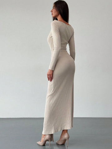 Aloruh Sexy Slit-Neck Bodycon Dress With High Slit, Twist Front And Ruched Waist In Black