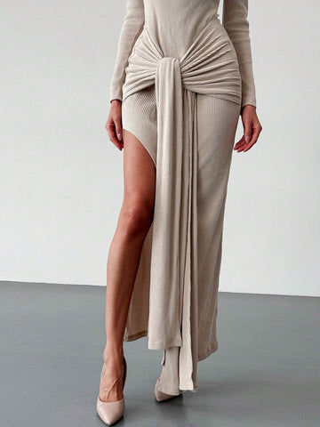 Aloruh Sexy Slit-Neck Bodycon Dress With High Slit, Twist Front And Ruched Waist In Black