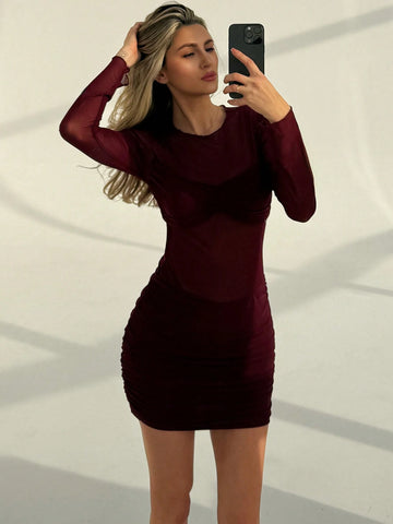 Aloruh Sheer Purple Long Sleeve Bodycon Party Dress For Women