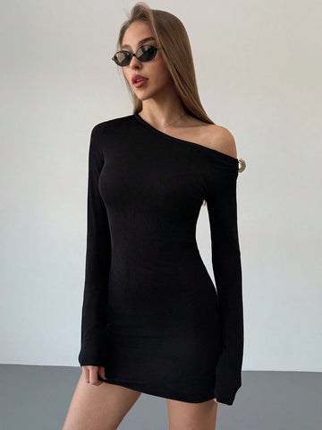 Aloruh Trendy Asymmetrical Neck Bodycon Long Sleeve Metal Decor Cut-Out Mini Black Dress For Women