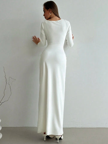 Aloruh V-Neck Long Sleeve Bodycon High Slit 3D Floral Maxi Sheath Dress For Women