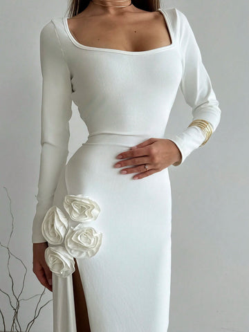 Aloruh V-Neck Long Sleeve Bodycon High Slit 3D Floral Maxi Sheath Dress For Women