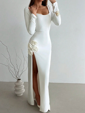 Aloruh V-Neck Long Sleeve Bodycon High Slit 3D Floral Maxi Sheath Dress For Women