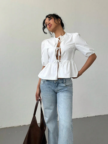 Aloruh White Blouse With Bow-Tie Strap, Early Autumn