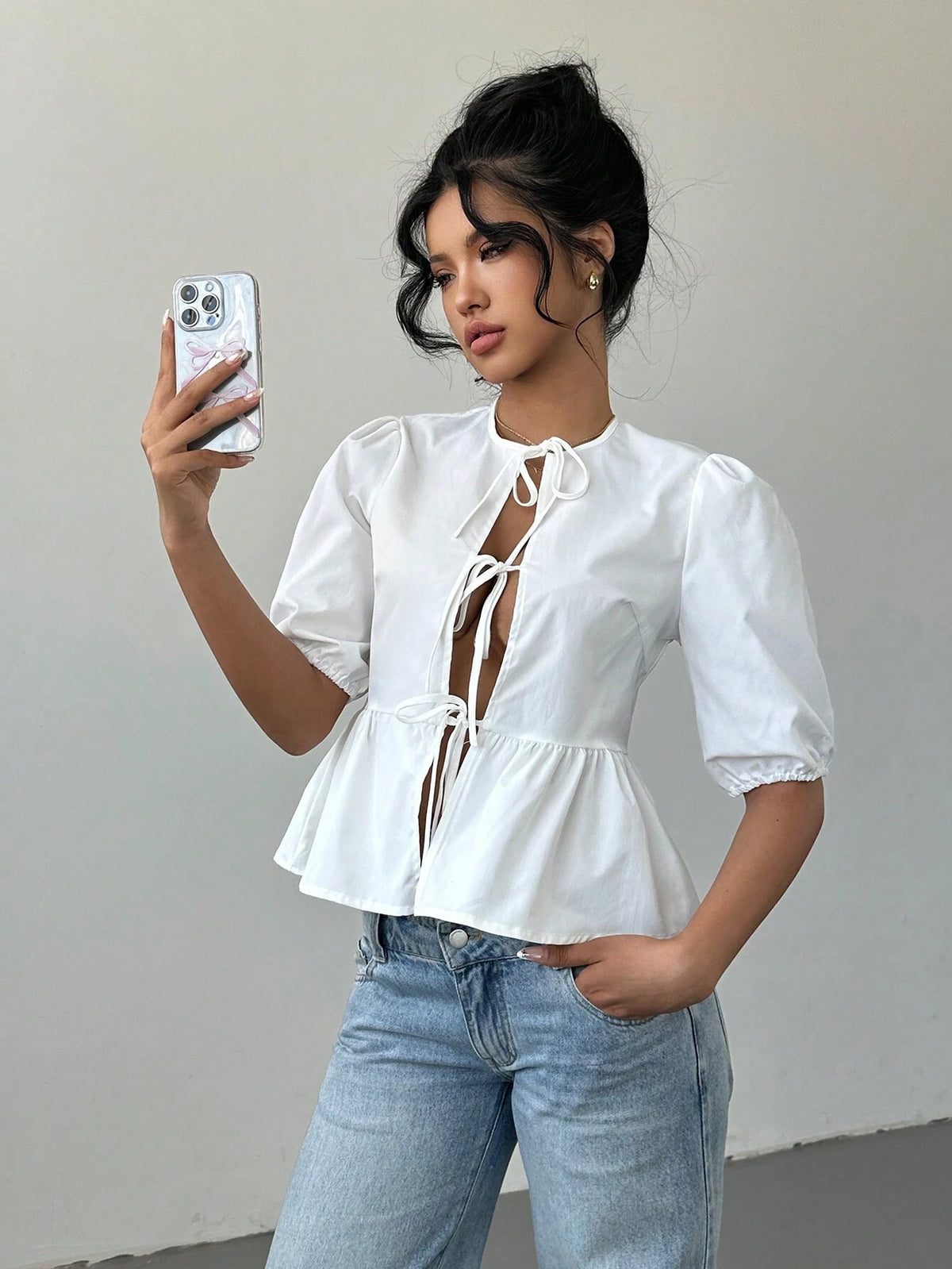 Aloruh White Blouse With Bow-Tie Strap, Early Autumn