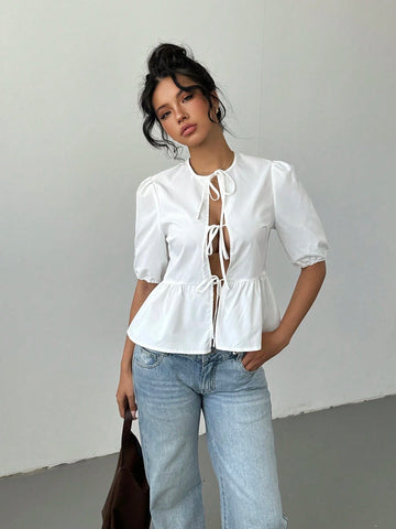 Aloruh White Blouse With Bow-Tie Strap, Early Autumn