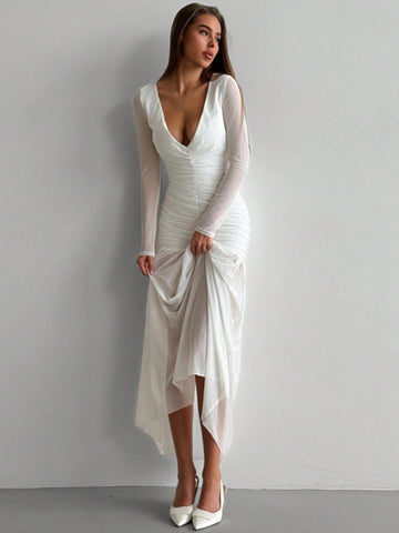Aloruh White Formal Dress, Simple And Elegant, Long Sleeve, Deep V-Neck, Pleated Slim-Fit Floor-Length Gown For Women