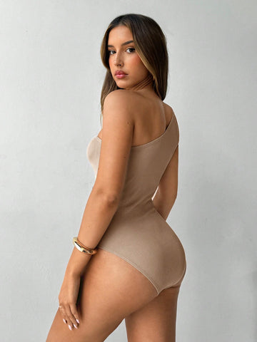 Aloruh Women Casual Sexy Beachwear Design One-Piece Swimsuit With Asymmetric Ruching, Metal Buckle Hollow-Out Details