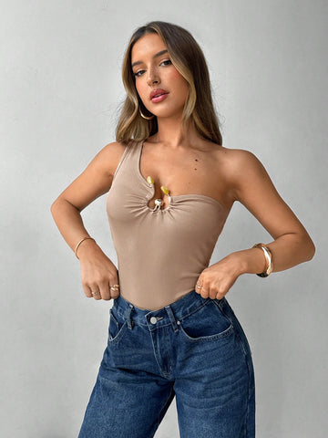 Aloruh Women Casual Sexy Beachwear Design One-Piece Swimsuit With Asymmetric Ruching, Metal Buckle Hollow-Out Details