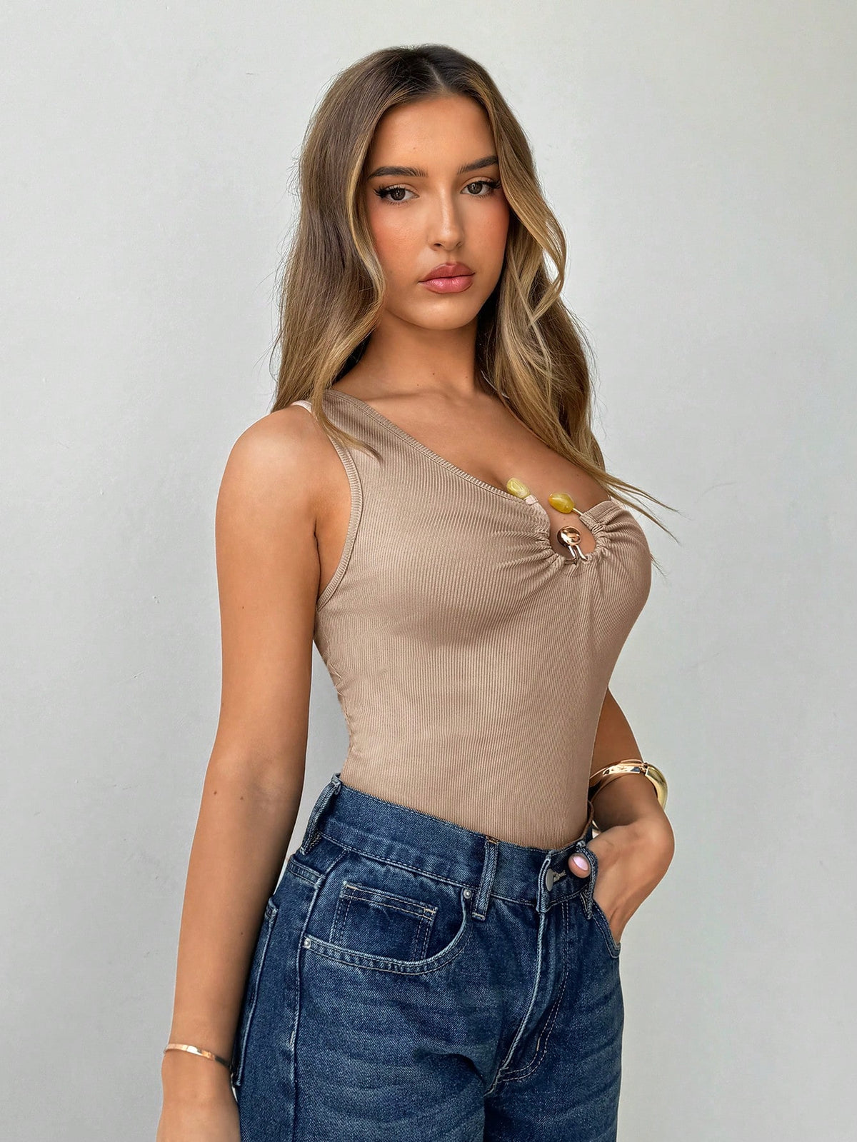 Aloruh Women Casual Sexy Beachwear Design One-Piece Swimsuit With Asymmetric Ruching, Metal Buckle Hollow-Out Details