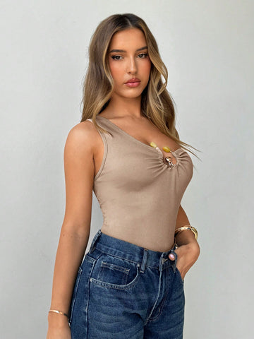 Aloruh Women Casual Sexy Beachwear Design One-Piece Swimsuit With Asymmetric Ruching, Metal Buckle Hollow-Out Details