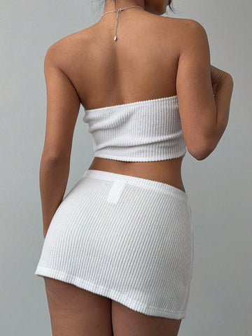 Aloruh Women Contrasting Tie Front Bustier Crop Top & Bodycon Skirt 2 Piece Set, Fashionable
