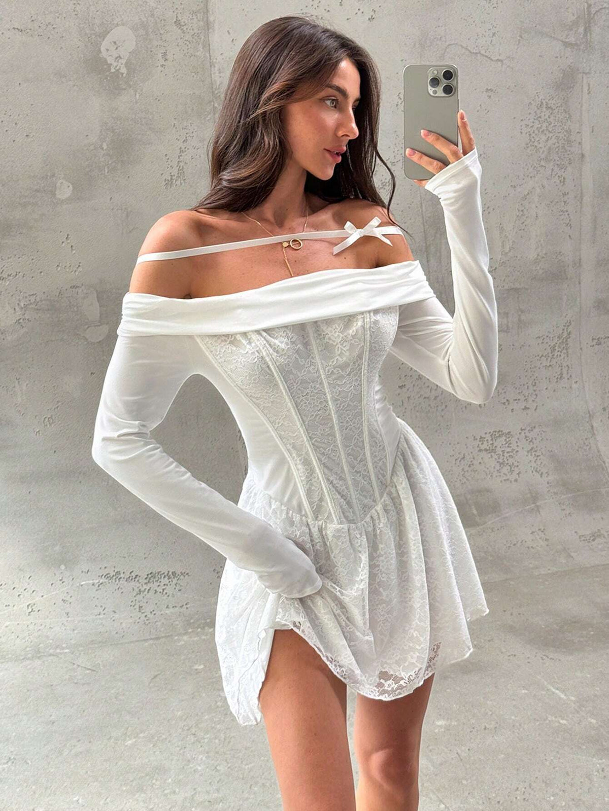 Aloruh Women Off Shoulder Ruched Waist Bandage Contrast Lace Mini Elegant Ballet Dress