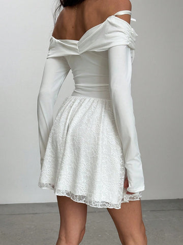 Aloruh Women Off Shoulder Ruched Waist Bandage Contrast Lace Mini Elegant Ballet Dress