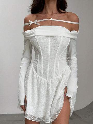 Aloruh Women Off Shoulder Ruched Waist Bandage Contrast Lace Mini Elegant Ballet Dress