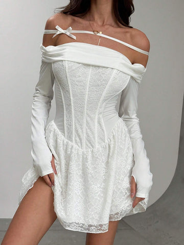 Aloruh Women Off Shoulder Ruched Waist Bandage Contrast Lace Mini Elegant Ballet Dress