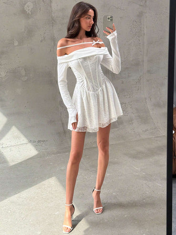 Aloruh Women Off Shoulder Ruched Waist Bandage Contrast Lace Mini Elegant Ballet Dress