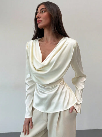 Women Twill Round Neck Bell Sleeve Commute Elegant Blouse