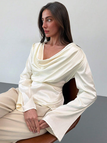 Women Twill Round Neck Bell Sleeve Commute Elegant Blouse