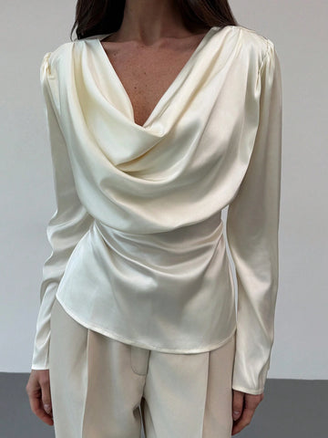 Women Twill Round Neck Bell Sleeve Commute Elegant Blouse