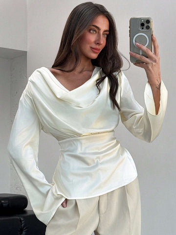 Aloruh Women Twill Round Neck Bell Sleeve Commute Elegant Blouse