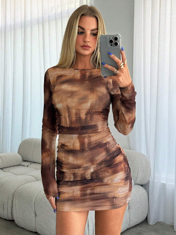 Aloruh Women's Autumn/Winter New Hippie Style Bodycon Pleated Net Tie Dye Marble Tie-Dye Print Long Sleeve Mini Bodycon Dress, Suitable For Outings, Daily Wear, Party, Vacation