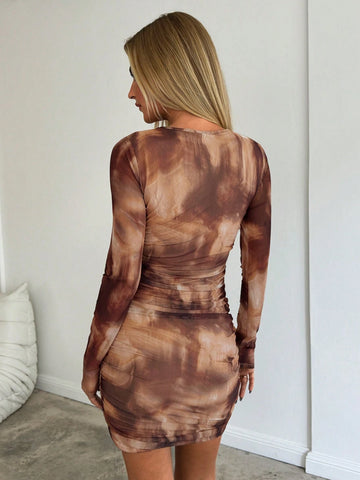 Aloruh Women's Autumn/Winter New Hippie Style Bodycon Pleated Net Tie Dye Marble Tie-Dye Print Long Sleeve Mini Bodycon Dress, Suitable For Outings, Daily Wear, Party, Vacation