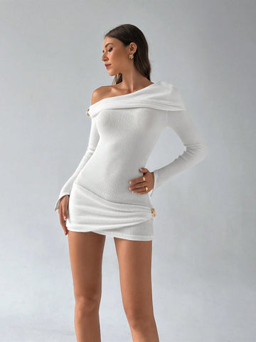 Aloruh Women's Autumn/Winter New Off-Shoulder Asymmetric Ruched Metal Button Decor Long Sleeve Bodycon Mini Dress In Solid White