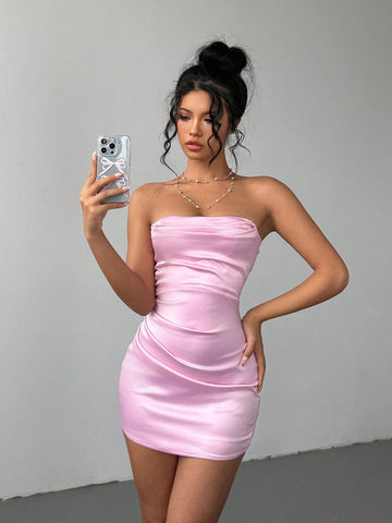 Aloruh Women's Autumn/Winter New Party Cocktail Date Night Sexy Drape Neck Pleated Bodycon Mini Dress, Pink