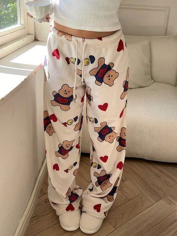 Aloruh Women's Cartoon Bear & Heart Pattern Straight Loose Casual Pants