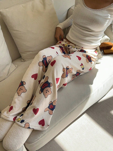 Aloruh Women's Cartoon Bear & Heart Pattern Straight Loose Casual Pants