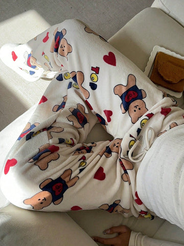 Aloruh Women's Cartoon Bear & Heart Pattern Straight Loose Casual Pants