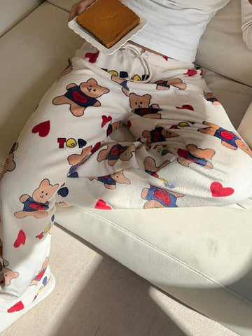 Aloruh Women's Cartoon Bear & Heart Pattern Straight Loose Casual Pants