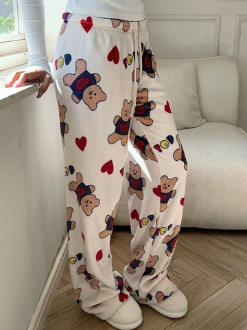 Aloruh Women's Cartoon Bear & Heart Pattern Straight Loose Casual Pants