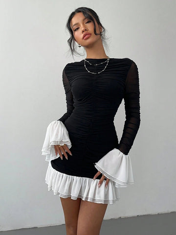 Aloruh Women's Color Block Patchwork Long Sleeve Simple Short Dress, Casual Daily Wear