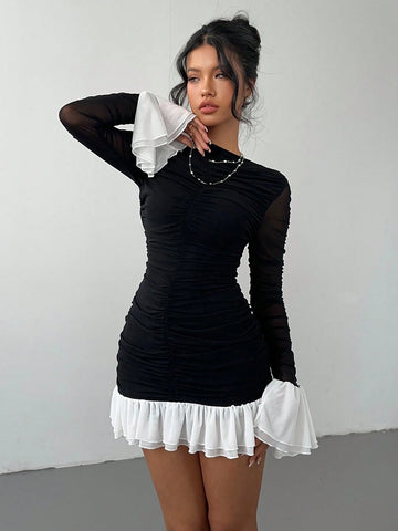 Aloruh Women's Color Block Patchwork Long Sleeve Simple Short Dress, Casual Daily Wear