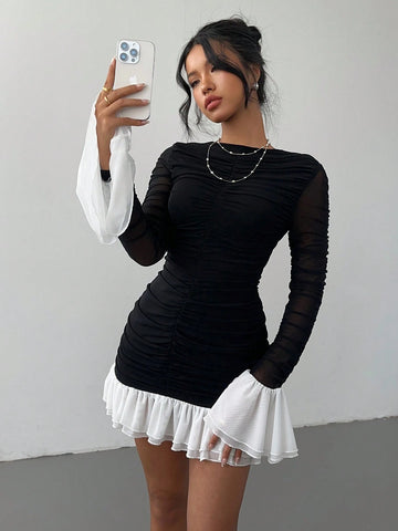 Aloruh Women's Color Block Patchwork Long Sleeve Simple Short Dress, Casual Daily Wear