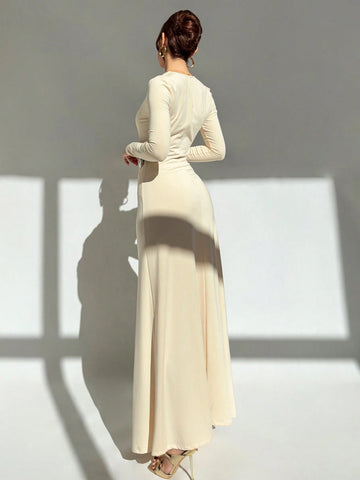 Aloruh Women's Deep V Neck Side Ruched Fishtail Bodycon Dress With Metal Decor