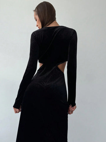 Aloruh Women's High Slit Deep V-Neck Hollow Metal Decor Dress