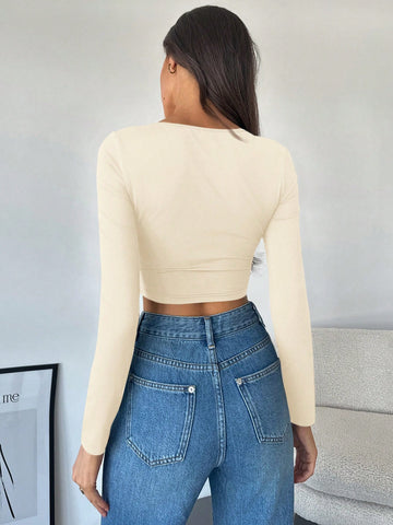 Women's Knot Bust Hollow Metal Decor Fitted Party T-Shirt, Elegant & Sexy