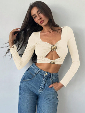 Women's Knot Bust Hollow Metal Decor Fitted Party T-Shirt, Elegant & Sexy