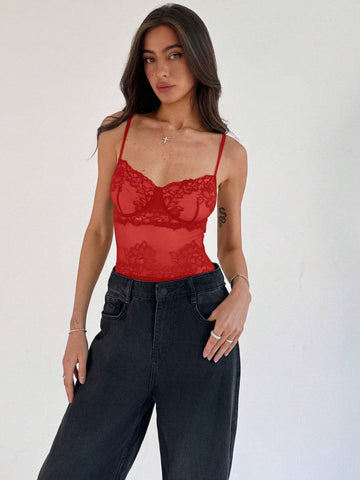 Women's Lace Camisole, Tight-Fitting, Black Color, Modern Streetwear