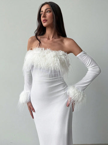 Aloruh Women's Long Sleeve Fitted Off Shoulder Splice Furry Trim Christmas Party Velvet Fishtail Dress