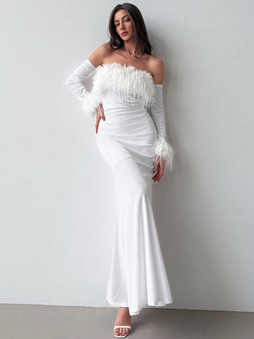 Aloruh Women's Long Sleeve Fitted Off Shoulder Splice Furry Trim Christmas Party Velvet Fishtail Dress