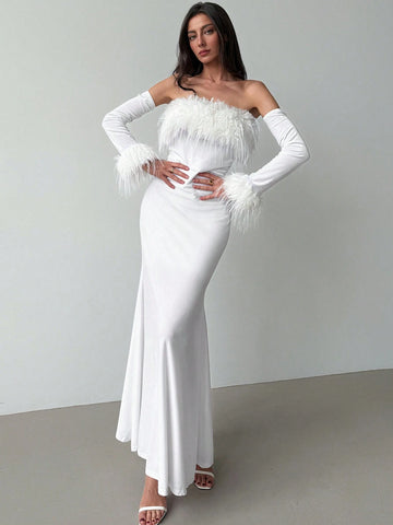 Aloruh Women's Long Sleeve Fitted Off Shoulder Splice Furry Trim Christmas Party Velvet Fishtail Dress