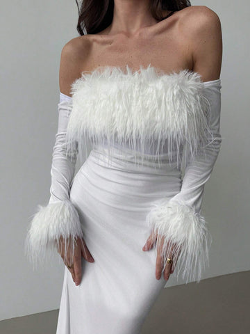 Aloruh Women's Long Sleeve Fitted Off Shoulder Splice Furry Trim Christmas Party Velvet Fishtail Dress