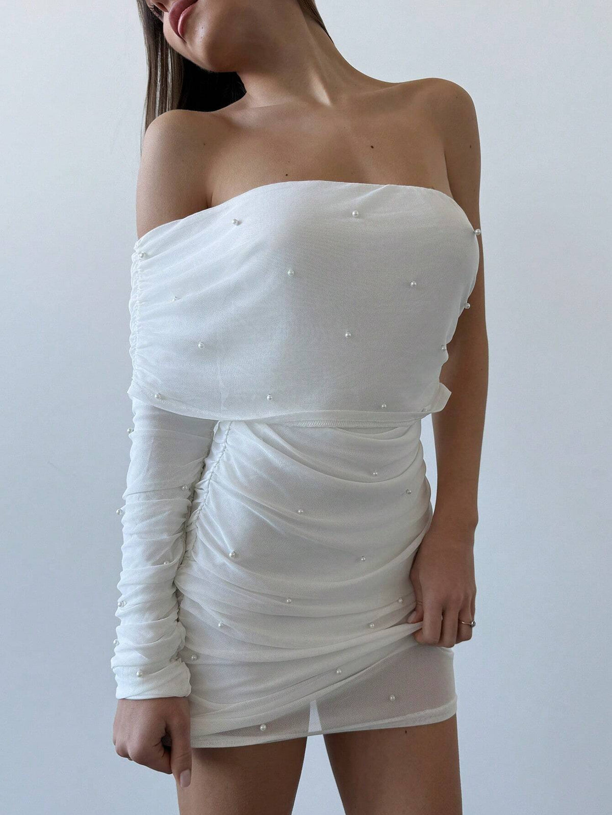 Aloruh Women's Mini Mesh Pearl Bubble Decor Ruffled Shirred Shoulder Dress